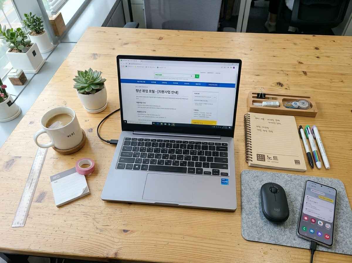 책상 위에 놓인 100만원 이하 가성비 노트북과 주변 사무용품