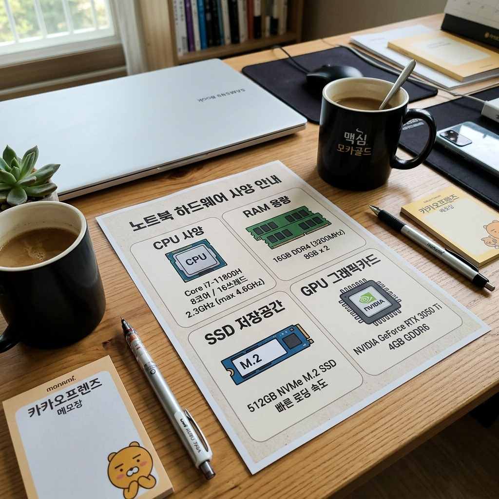 노트북 CPU, RAM, SSD 등 핵심 부품 스펙을 보여주는 그래픽 자료