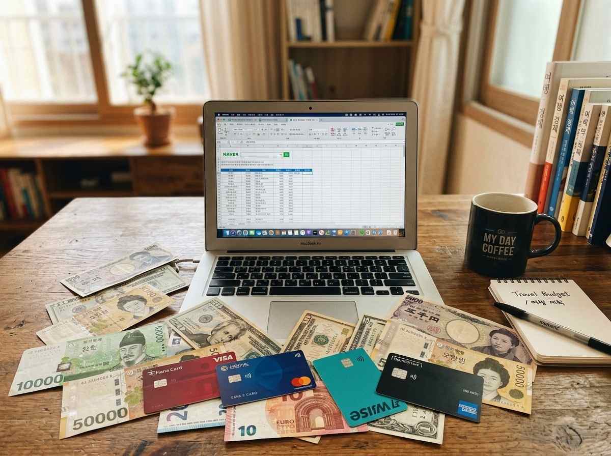 다양한 국가의 통화와 신용카드가 놓인 책상 위에 노트북이 열려 있는 모습