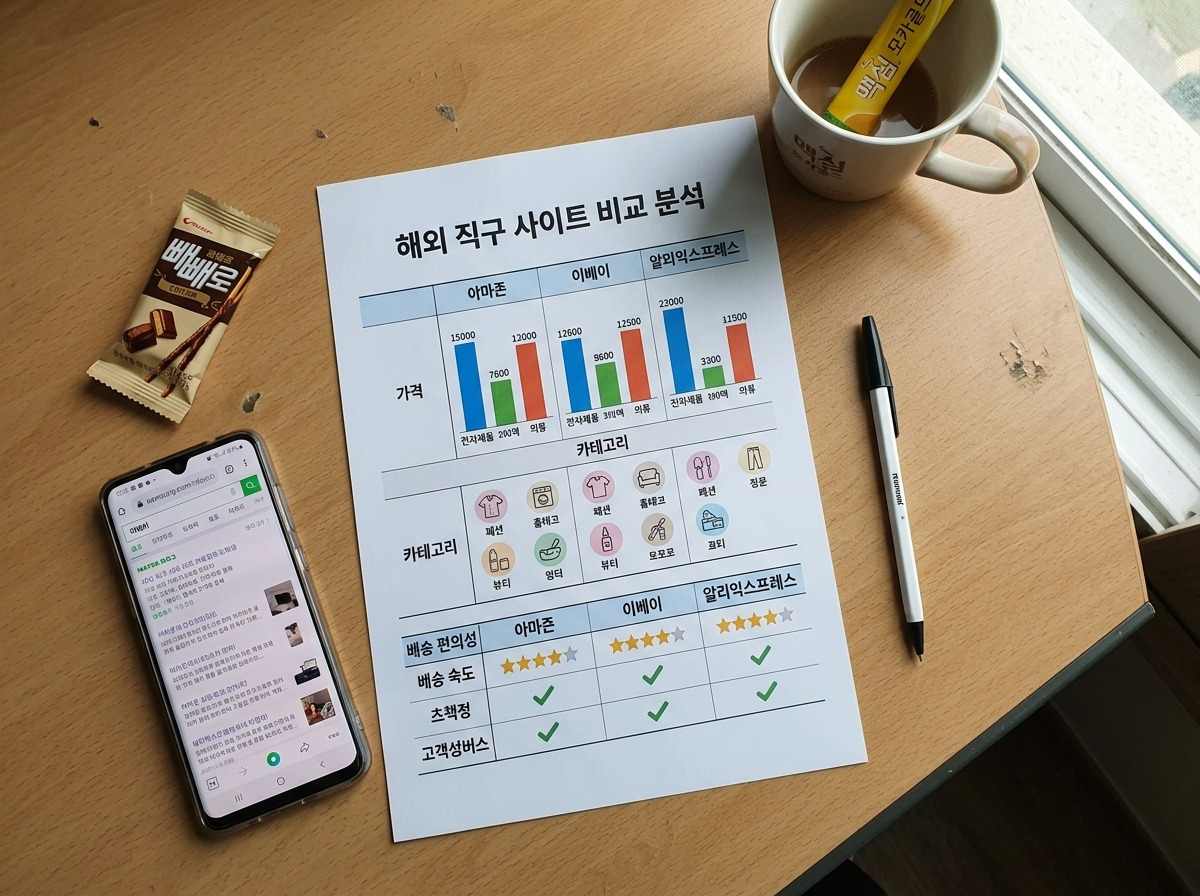 해외 직구 사이트별 가격, 카테고리, 배송 편의성을 비교하는 그래프