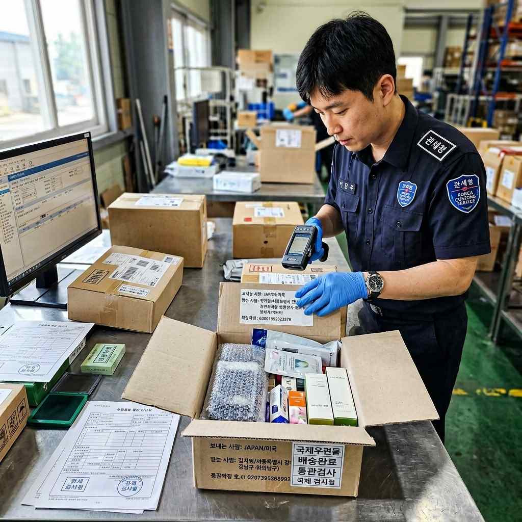 한국 세관 직원이 해외 직구 화물을 검사하는 모습