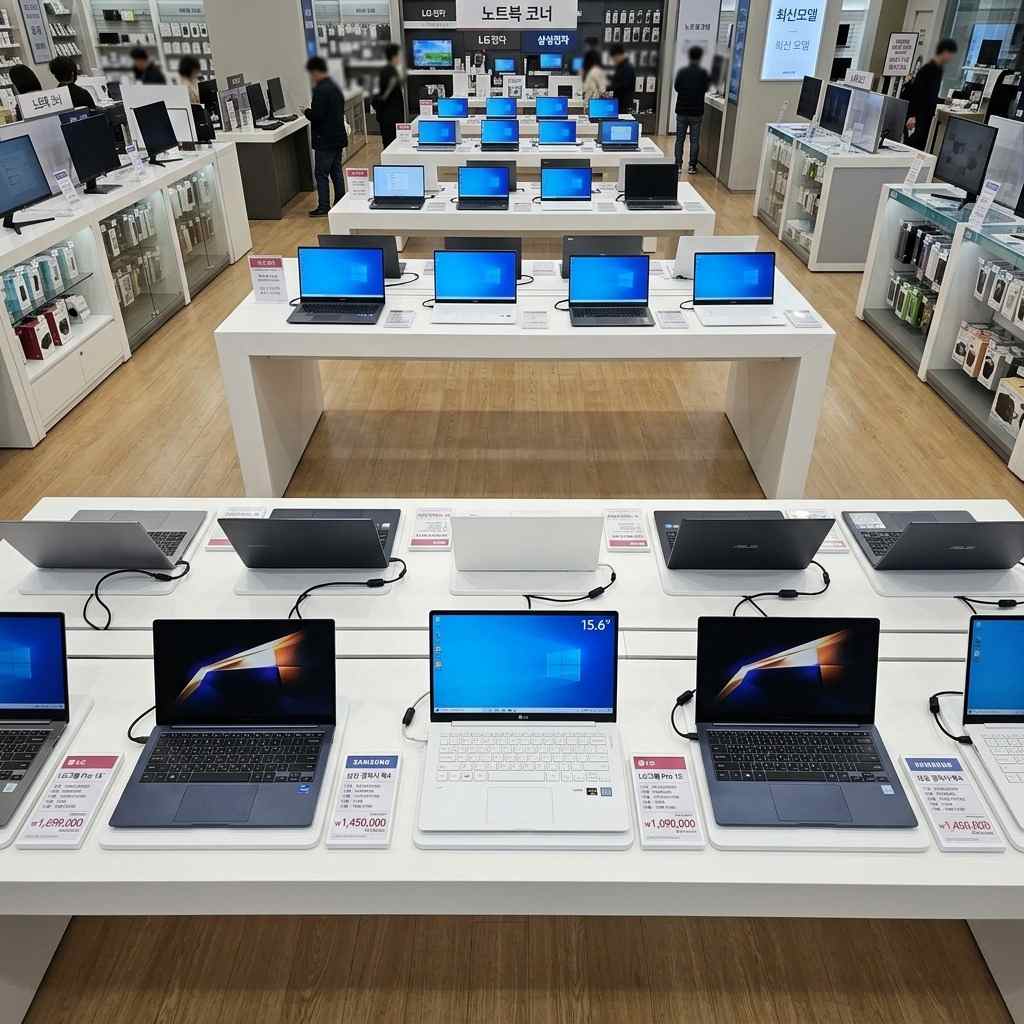 한국 가전제품 매장에서 다양한 노트북을 진열하고 있는 모습.