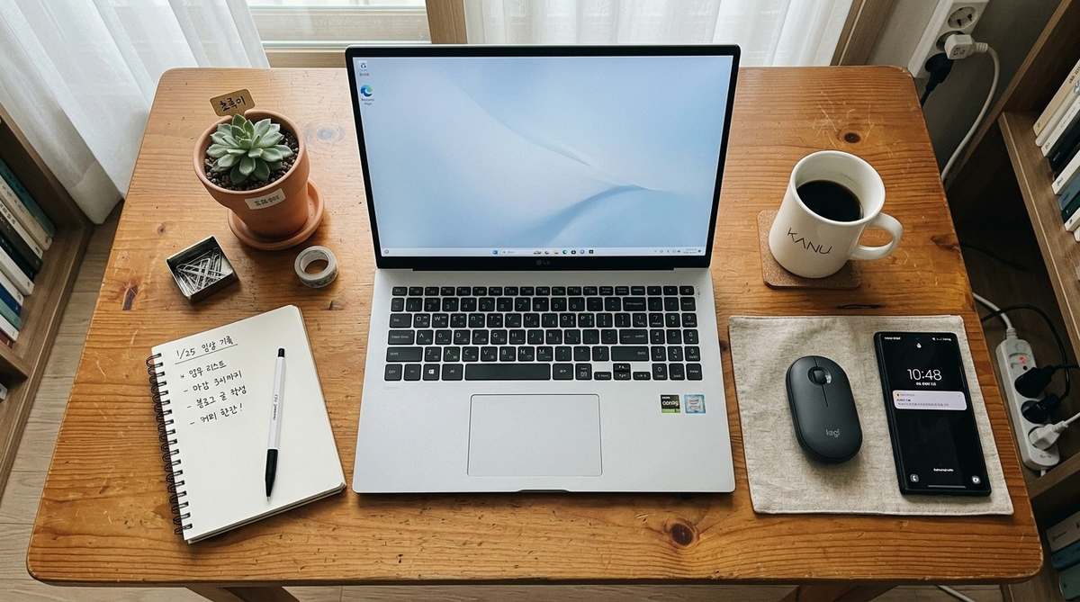 한국 가정집 책상 위에 놓인 LG 그램 16 (2026) 노트북.