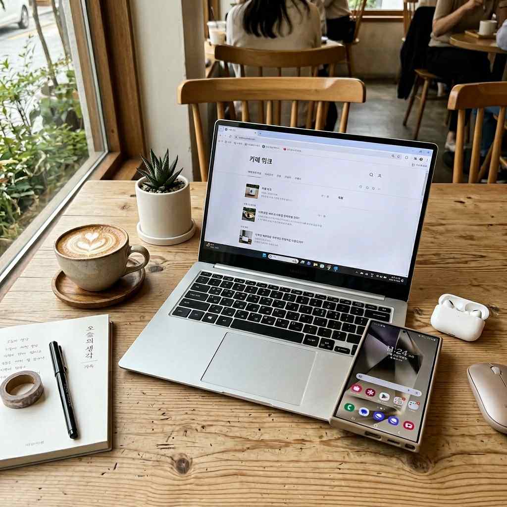 한국 카페 테이블 위에 놓인 삼성 갤럭시 북4 프로 노트북과 갤럭시 스마트폰.