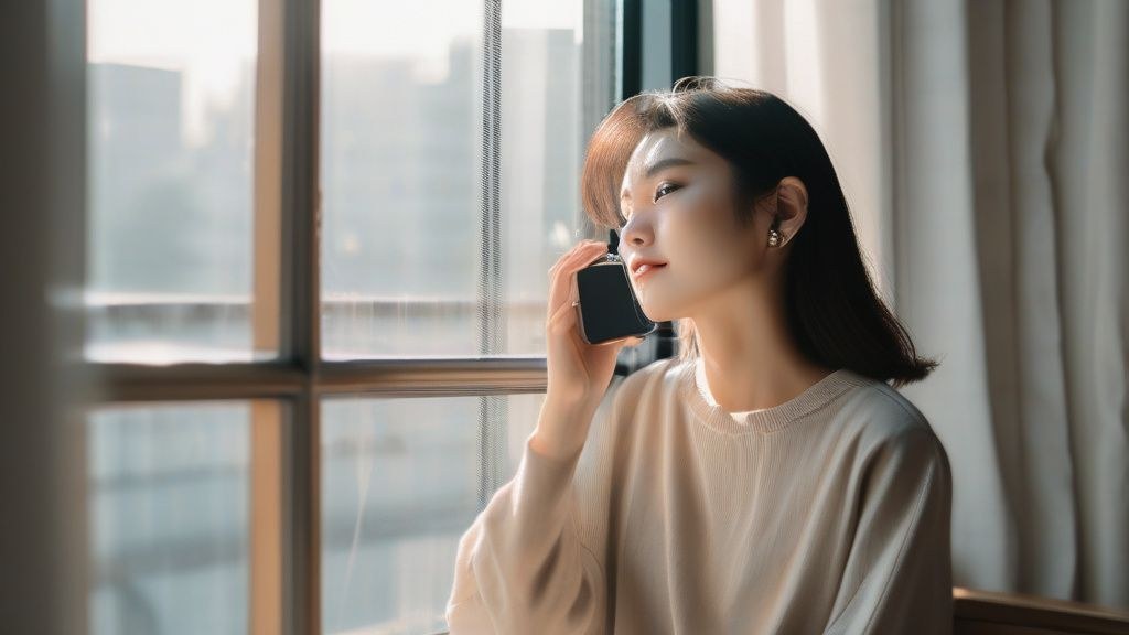 무선 이어폰으로 통화하는 한국인 직장인의 손 클로즈업