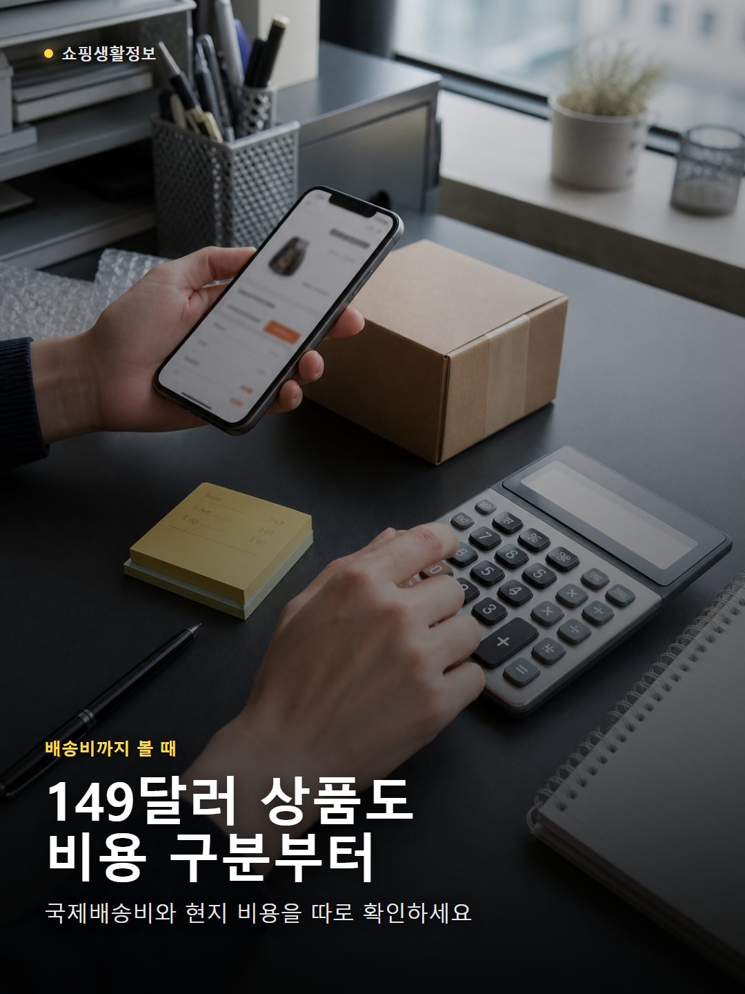 해외직구 배송비와 상품가를 한국 사무실 책상에서 계산하는 손