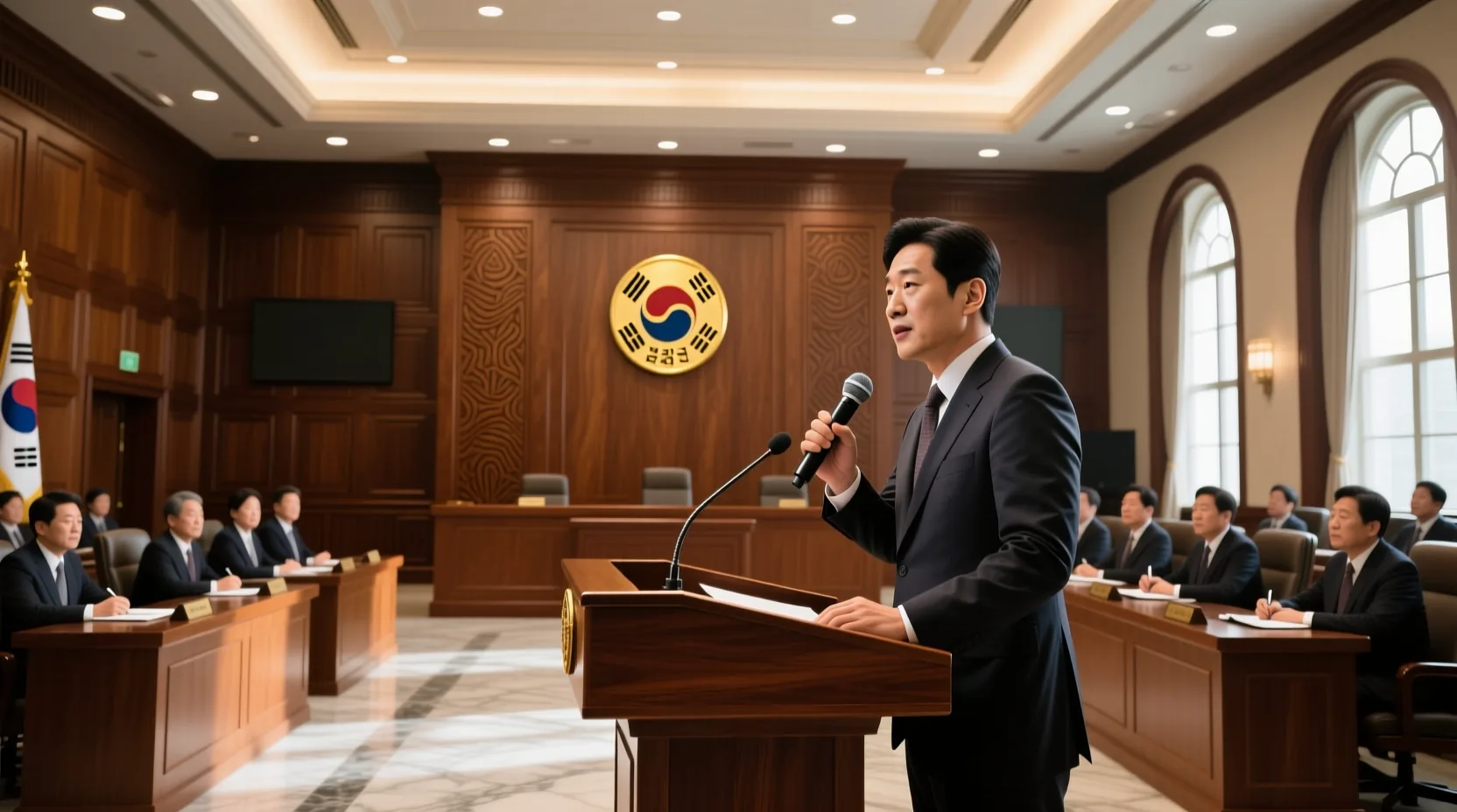 국회 본회의장의 발언대 앞에서 마이크를 향해 발언하는 국회의원의 장면